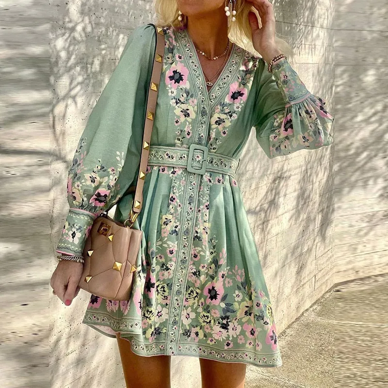 2022 Autumn New Women Long Sleeve V-neck Casual Dress Fashion Single Breasted Belt Print Dresses Female A-line Retro Clothing