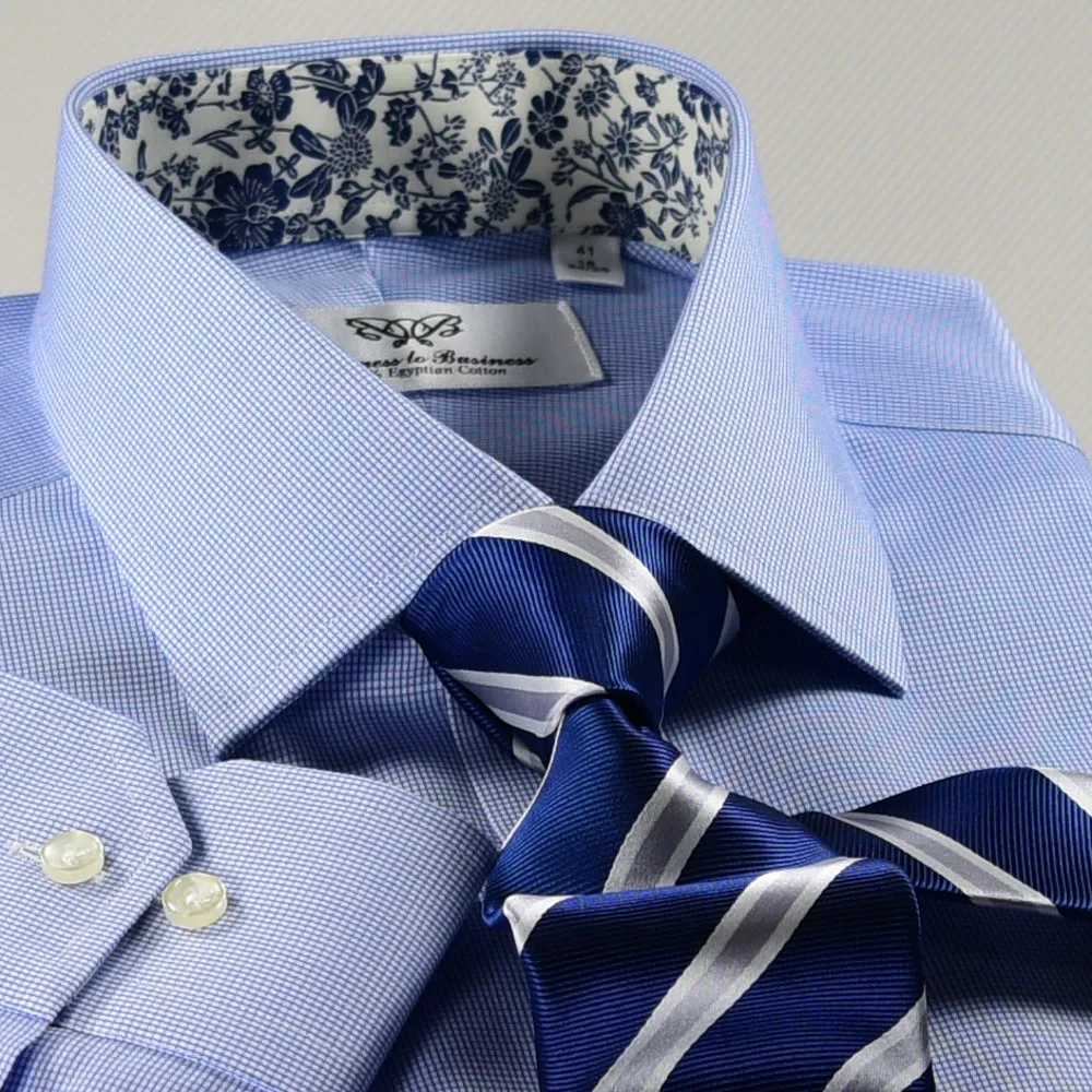 B2B Blue Luxury Stripe Formal Business Dress Shirt With Blue Floral Inner Lining Single Standard Cuff