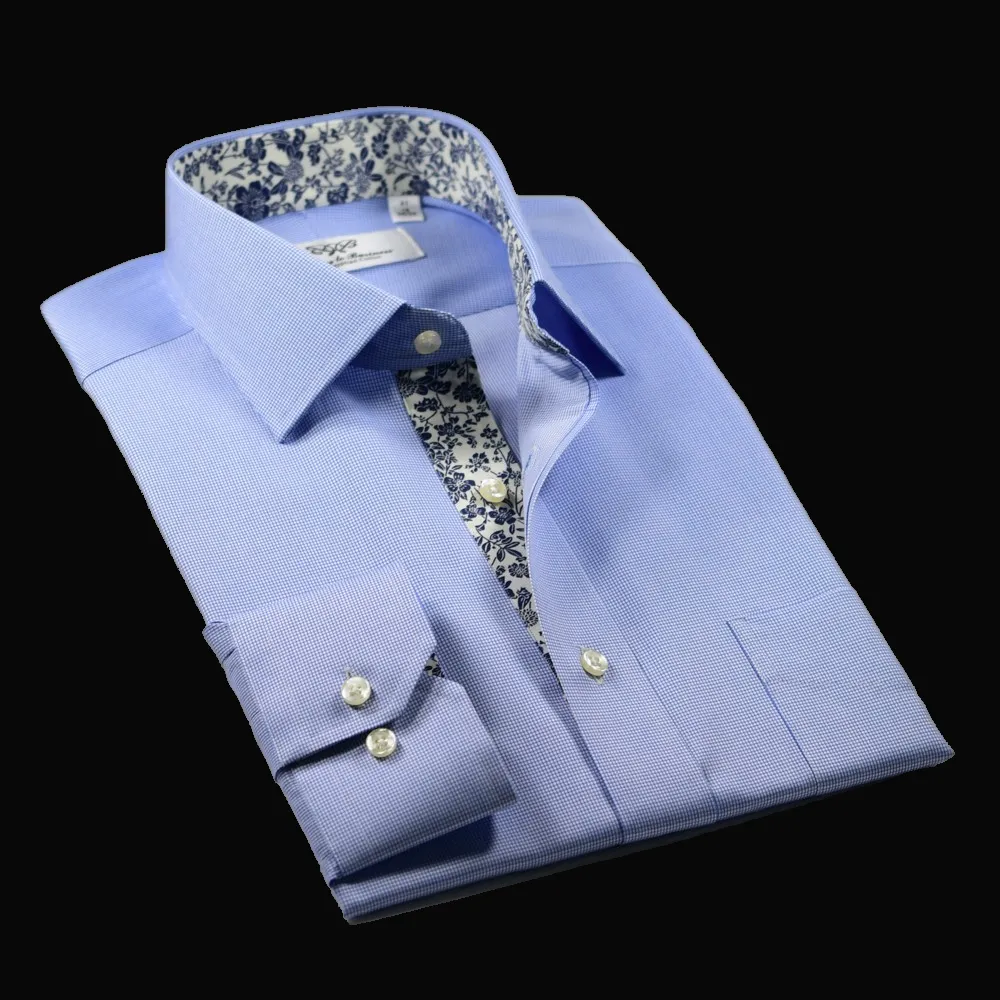 B2B Blue Luxury Stripe Formal Business Dress Shirt With Blue Floral Inner Lining Single Standard Cuff