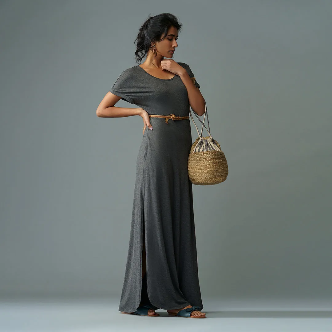 B77 Women's Stylish Soft Maxi Dress With Side Seam Slits in Organic Cotton