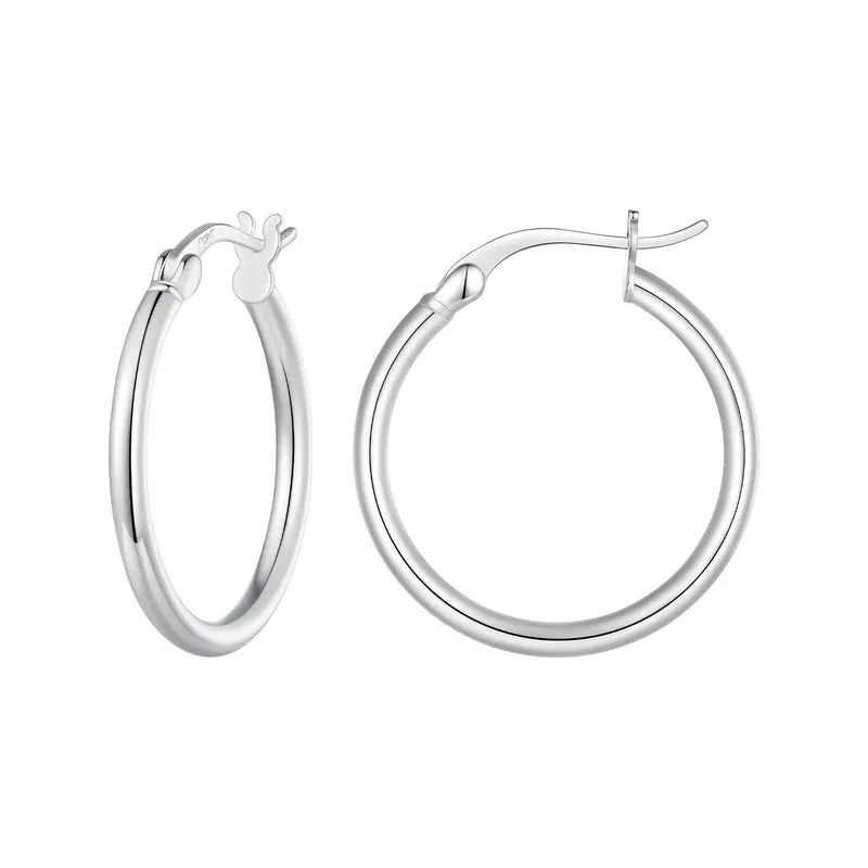 BAMOER 925 Sterling Silver Bold Classic Hypoallergenic Hoop Earrings, 14K White Gold Plated Standard Tube Earrings for Women