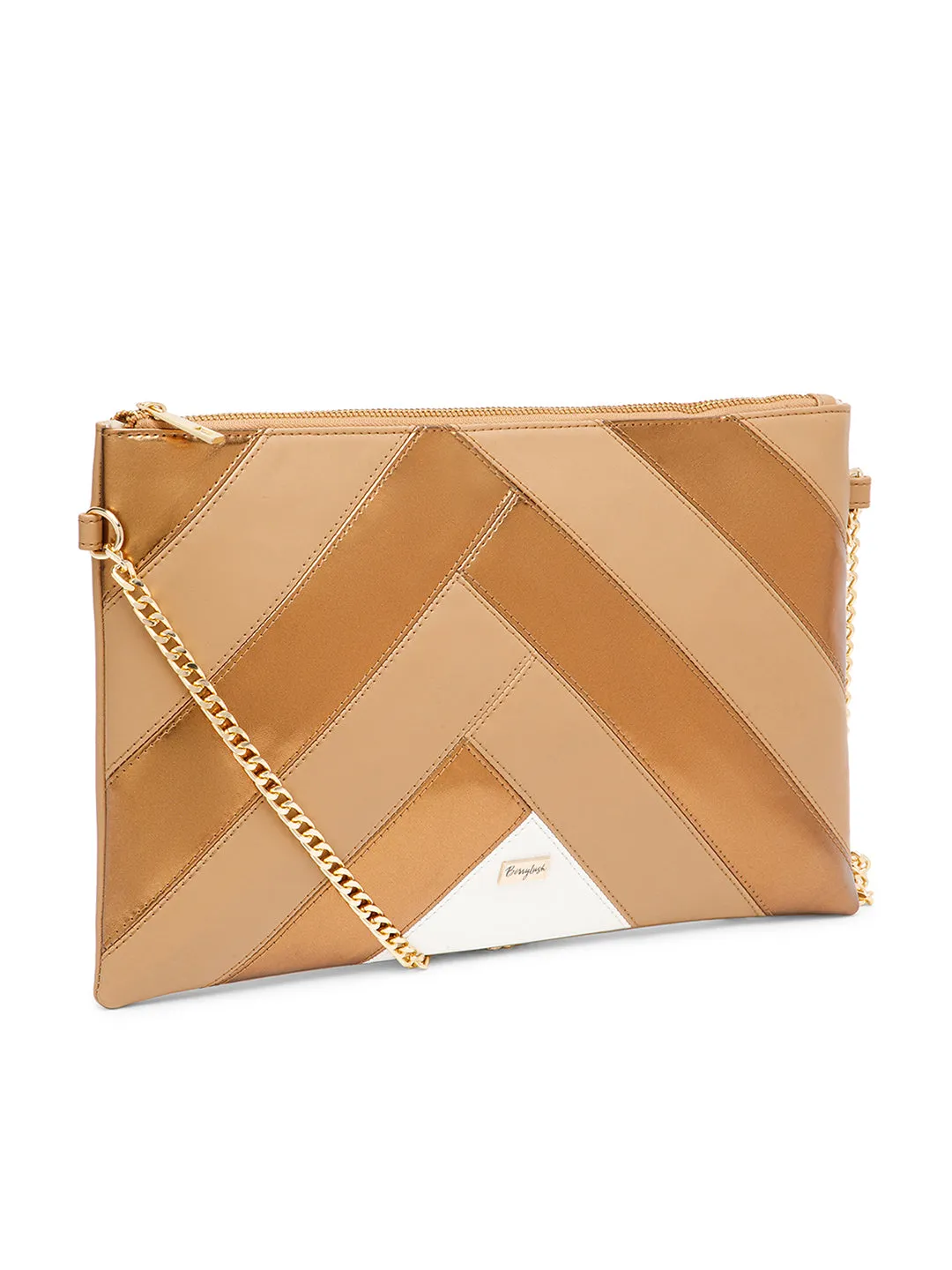 Berrylush Women Striped Beige & Gold Synthetic Leather Detachable Sling Strap Zipper-Up Pouch Bag