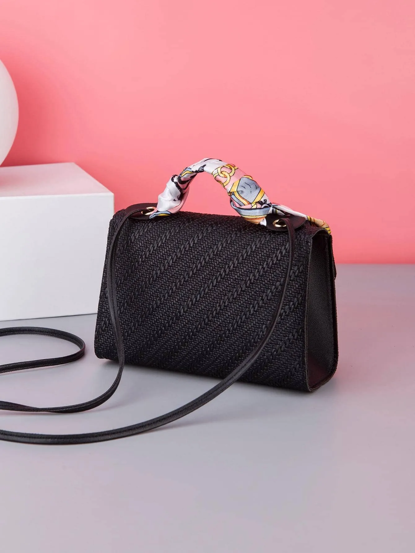 Bow Decor Fashionable Woven Pattern Women's Handbag With Skinny Scarf Decoration Portable Black Purse Holiday For Women Trendy