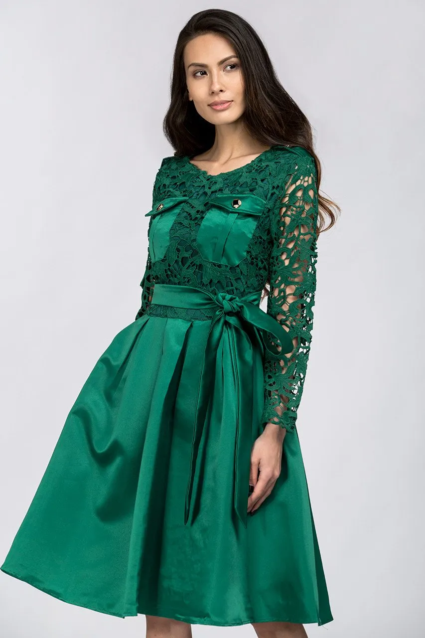 Emerald Green Sleeved Lace and Satin Midi Dress