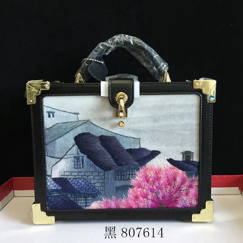 Fashionable hand su embroidery oxen leather bag retro antique box handbag female shoulderbag