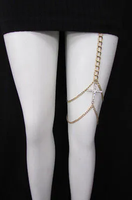 Gold Thigh Leg Metal Chain Links Garter Big Cross Body