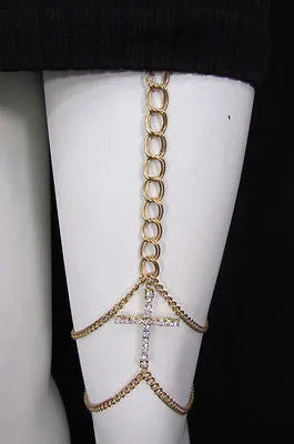 Gold Thigh Leg Metal Chain Links Garter Big Cross Body