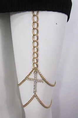 Gold Thigh Leg Metal Chain Links Garter Big Cross Body