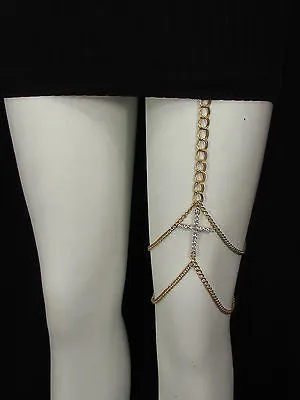 Gold Thigh Leg Metal Chain Links Garter Big Cross Body