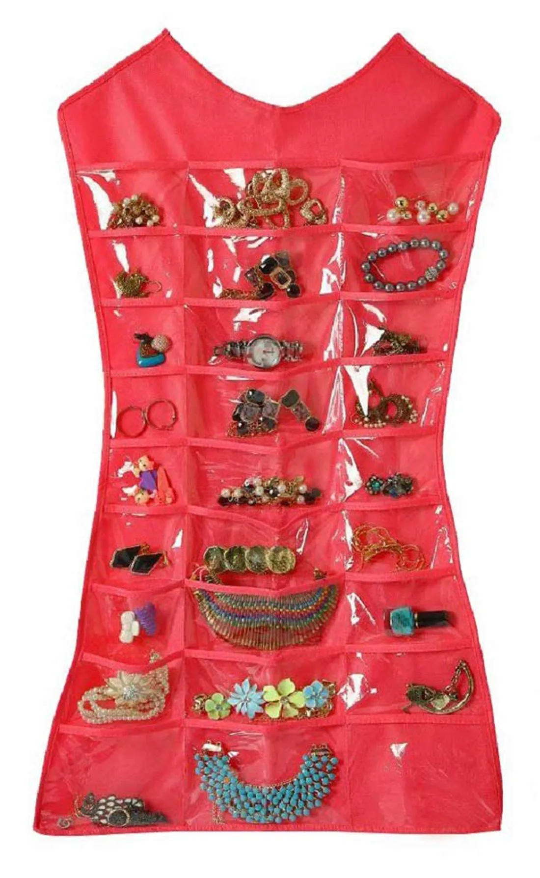 Kuber Industries Hanging Jewellery Organizer|Transparent Pockets & Waterproof PVC Material|Upto 27 Pockets, Size 81 x 40 CM (Pink)