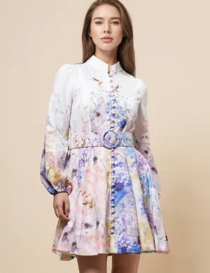 Ladies Elegant Floral Print Waist Belt Mini Dress SKD4966