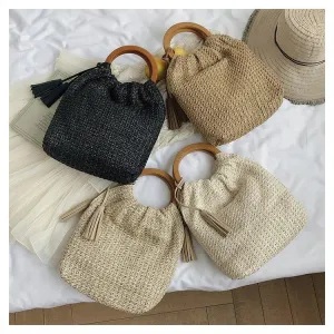 MAC132 Fashionable Straw Simple Beach Tassel Bucket Bag