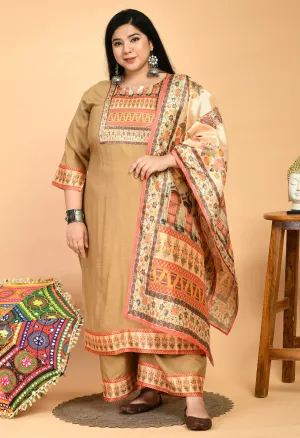 Plus Size Digital Printed Beige Kurta Palazzo Set with Dupatta