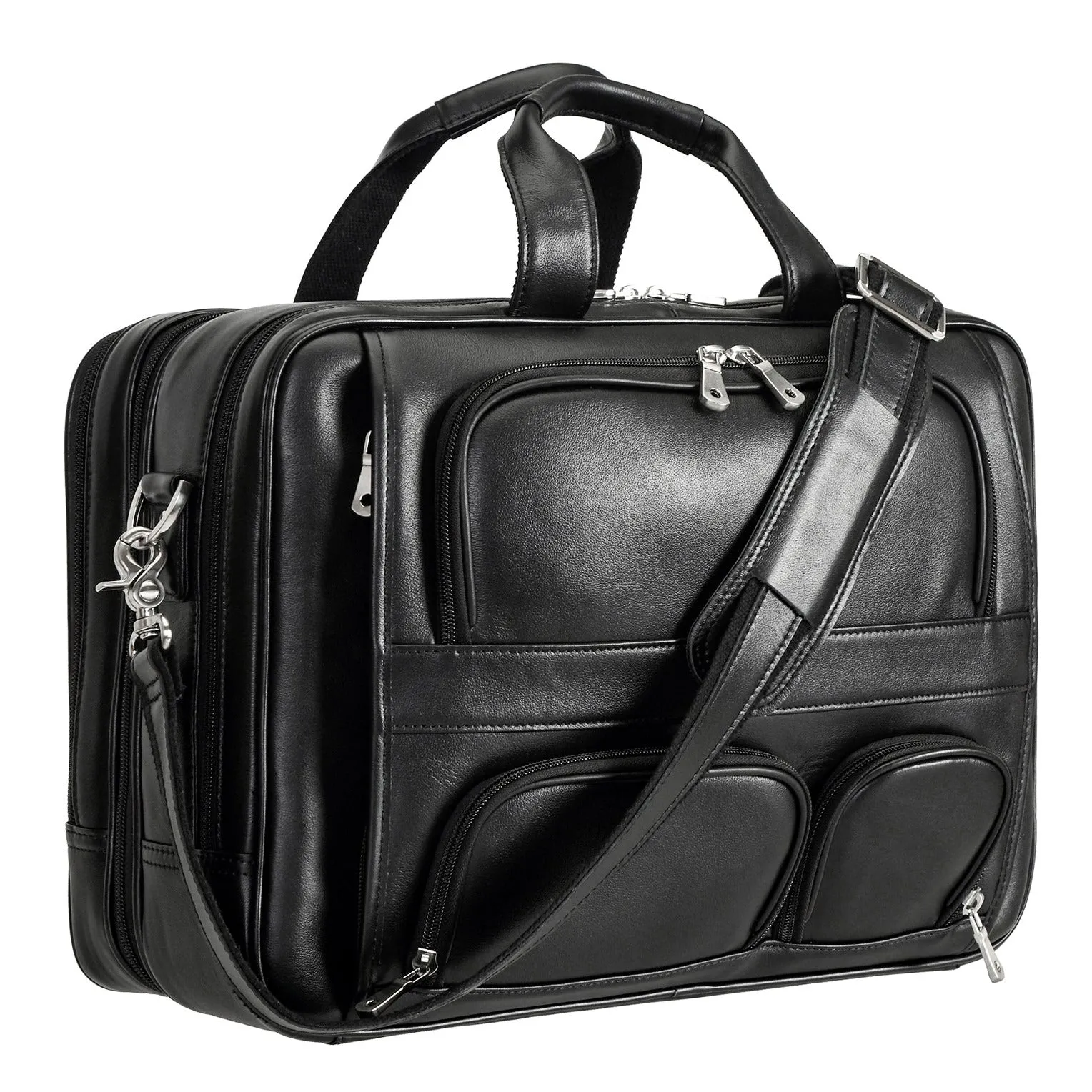 Polare Cowhide Leather 17'' Laptop Large Black Briefcase for Men Business Messenger Bag Work Bag