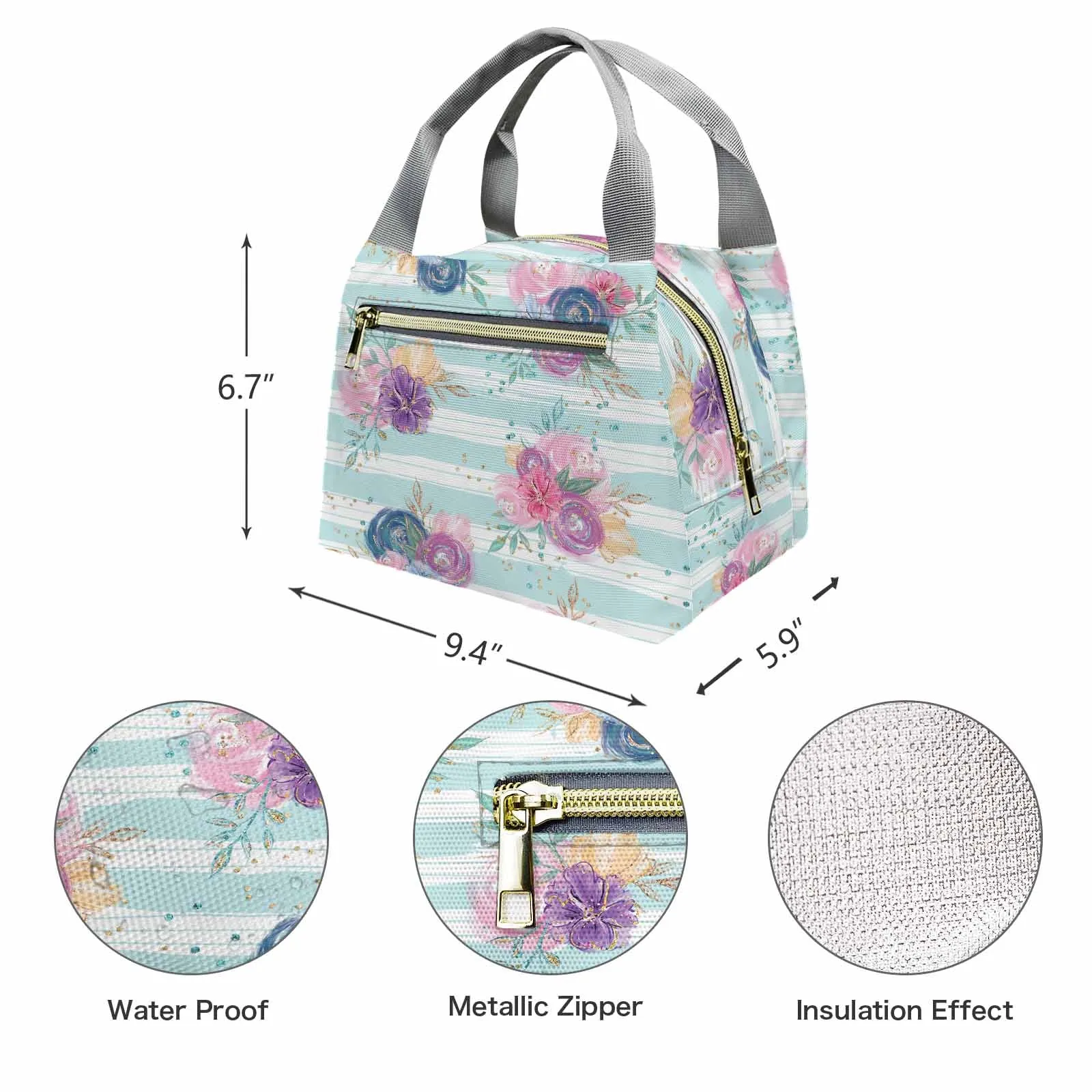 Purple and Pink floral Blue Stripes  Portable Lunch Bag-Grey Handle