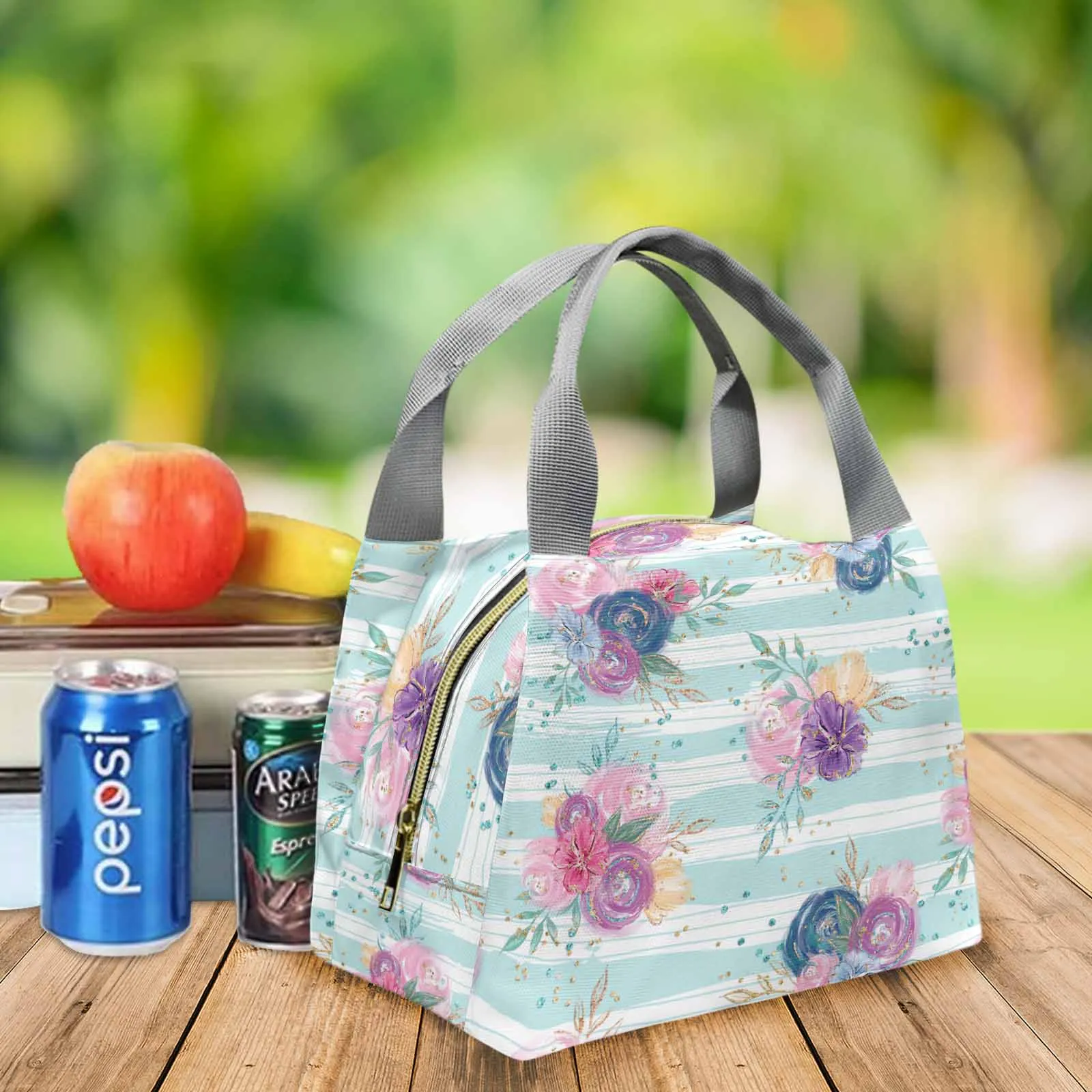 Purple and Pink floral Blue Stripes  Portable Lunch Bag-Grey Handle