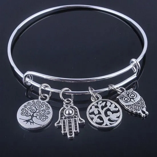 Silver Plated Bangles Adjustable Expandable Wire Bracelets with anchor & life trees charms jewelry for women