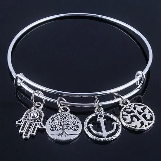 Silver Plated Bangles Adjustable Expandable Wire Bracelets with anchor & life trees charms jewelry for women