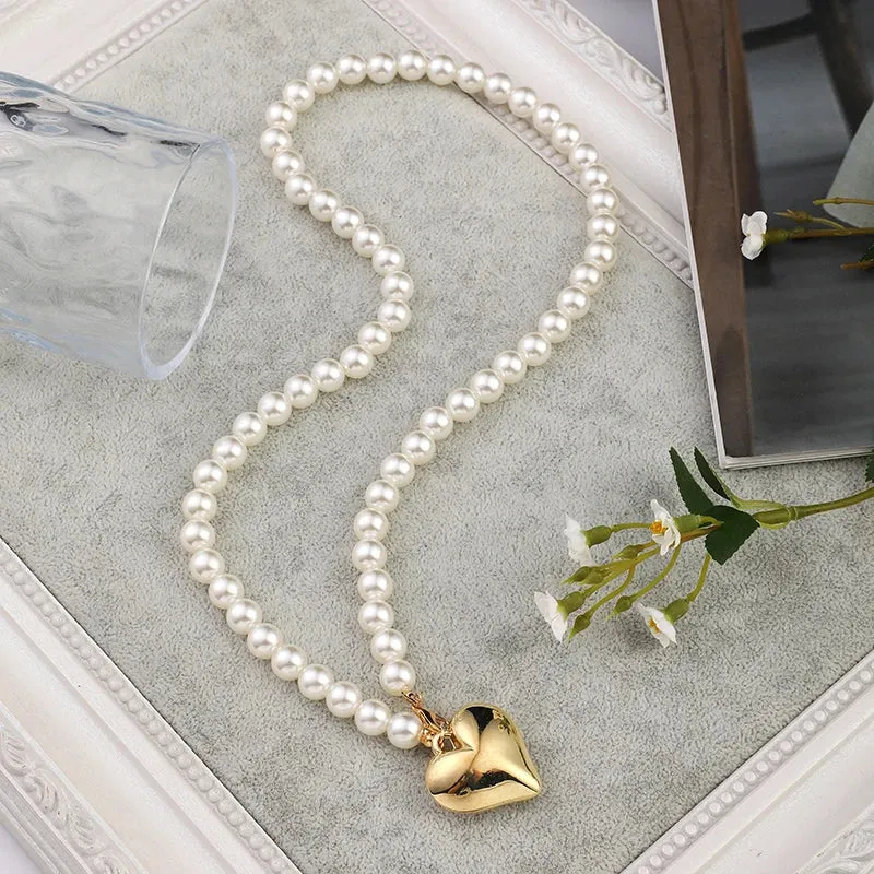 Simulated Pearl Heart Love Pendant Vintage Jewelry Fashion Necklace