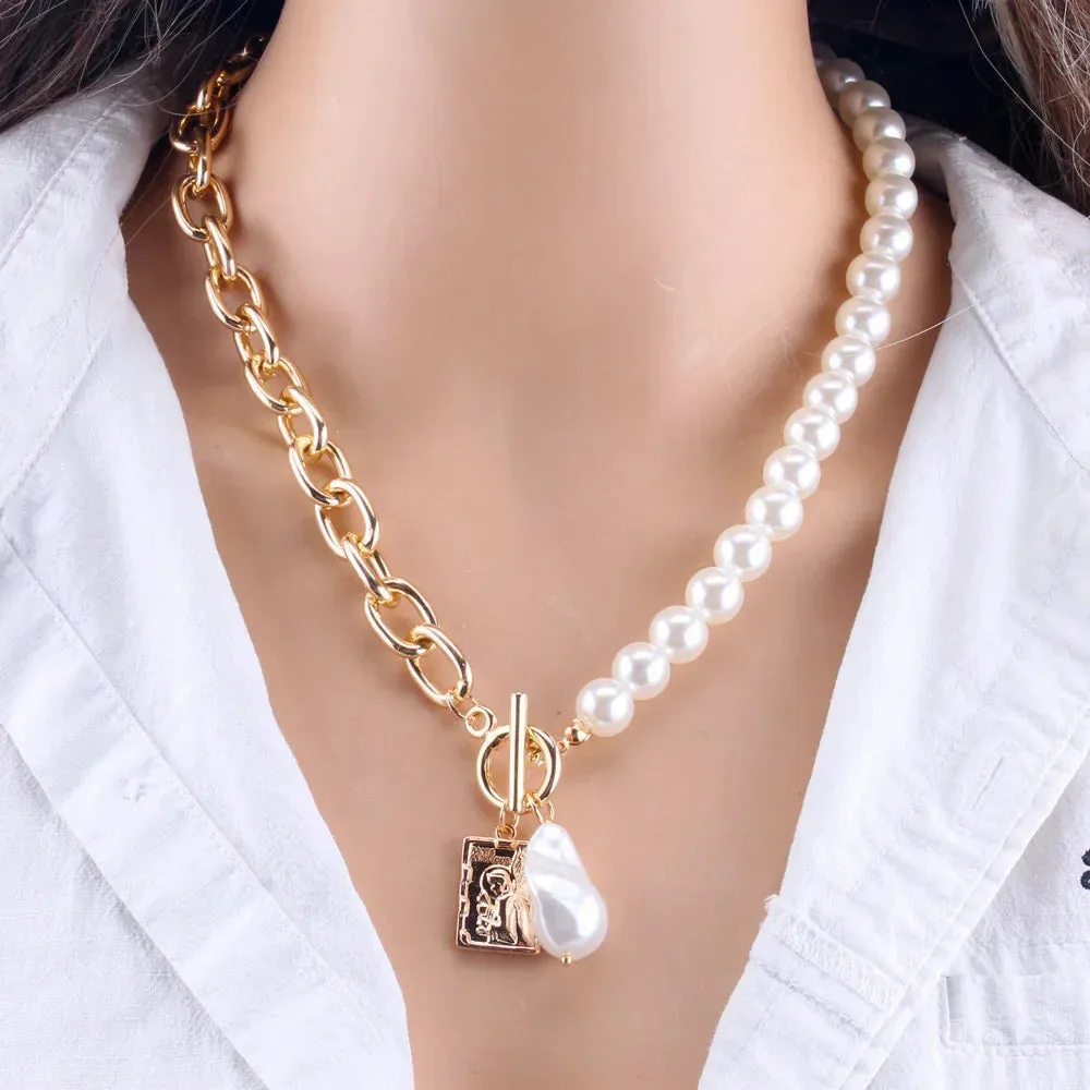 Simulated Pearl Heart Love Pendant Vintage Jewelry Fashion Necklace