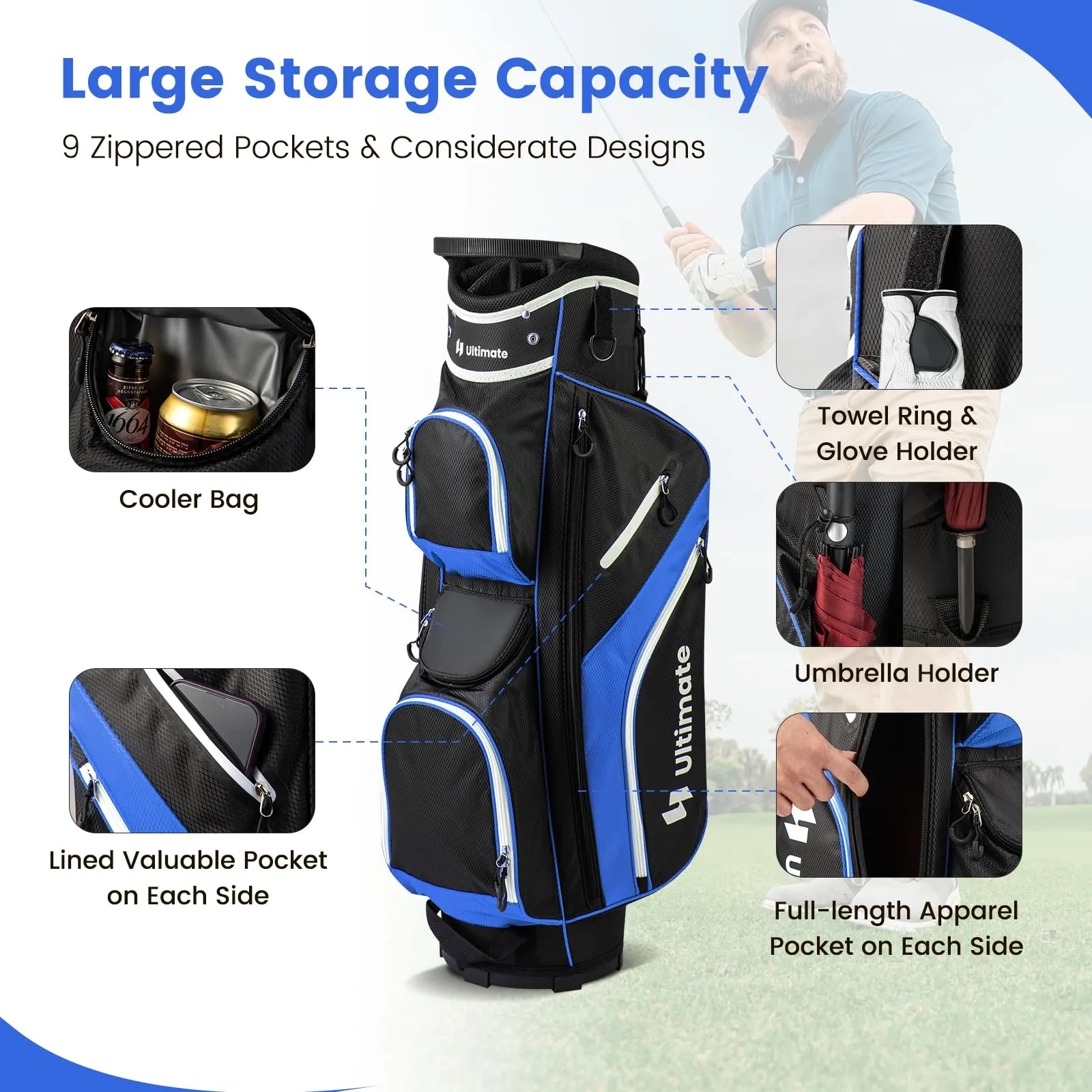 Tangkula Golf Cart Bag with 14 Way Top Dividers, Lightweight Golf Club Cart Bag with 9 Pockets