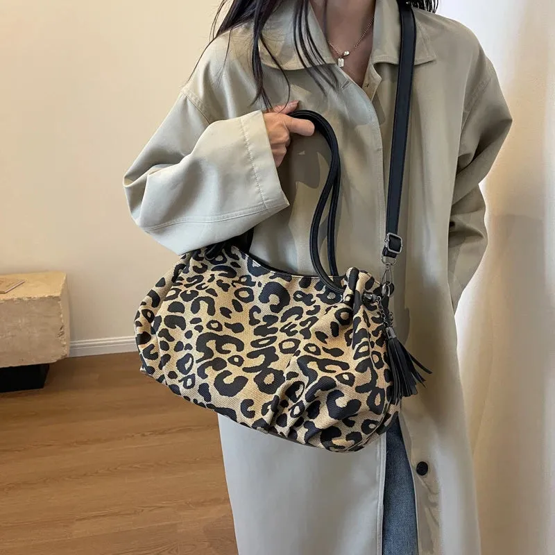 TAVIMART  -  Large Capacity Canvas Tote Bag For Women Fashion Tassel Shoulder Bag Female Fashion Leopard Handbags Portable Cloth Travel Bag