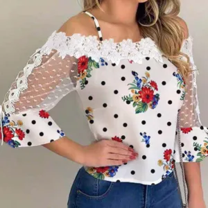 Women Elegant Stylish Casual Cold Shoulder Mesh Insert Dots Floral Print Blouse