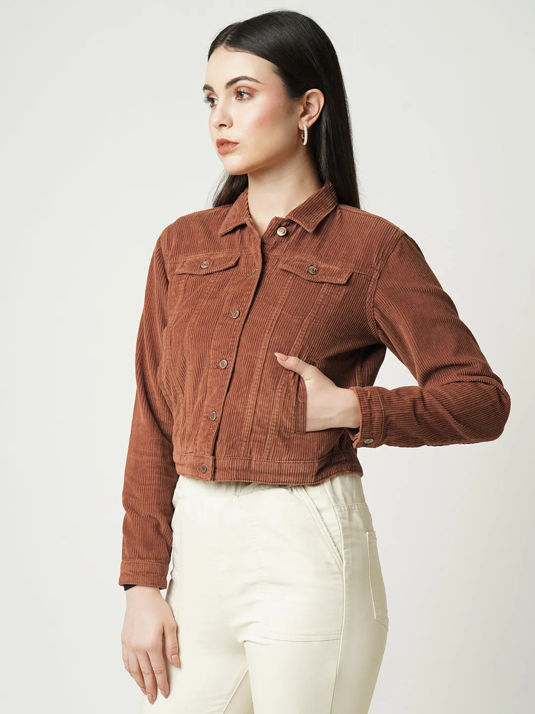 Women Ribbed Slim Fit With Flap Pockets Jacket