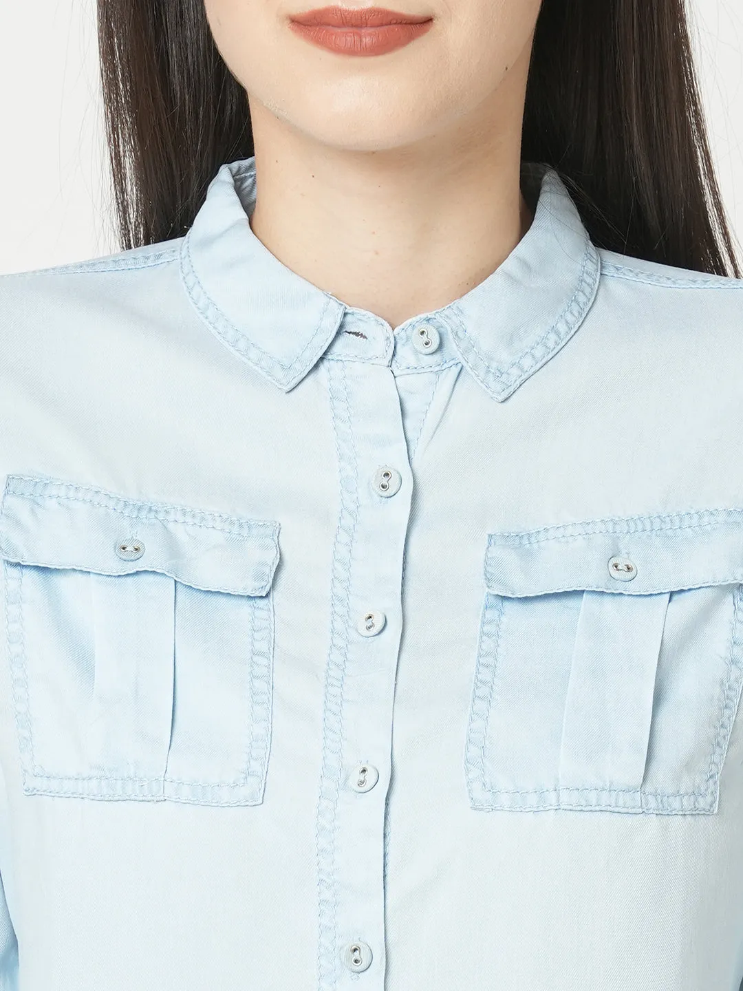 Women Slim Fit Light Blue Solid Denim Shirt