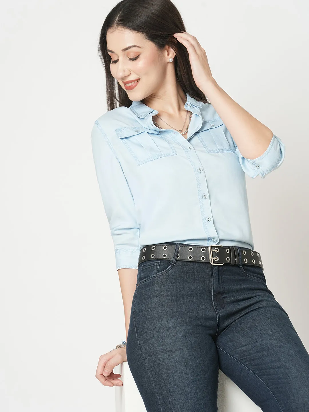 Women Slim Fit Light Blue Solid Denim Shirt