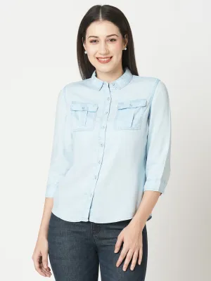 Women Slim Fit Light Blue Solid Denim Shirt