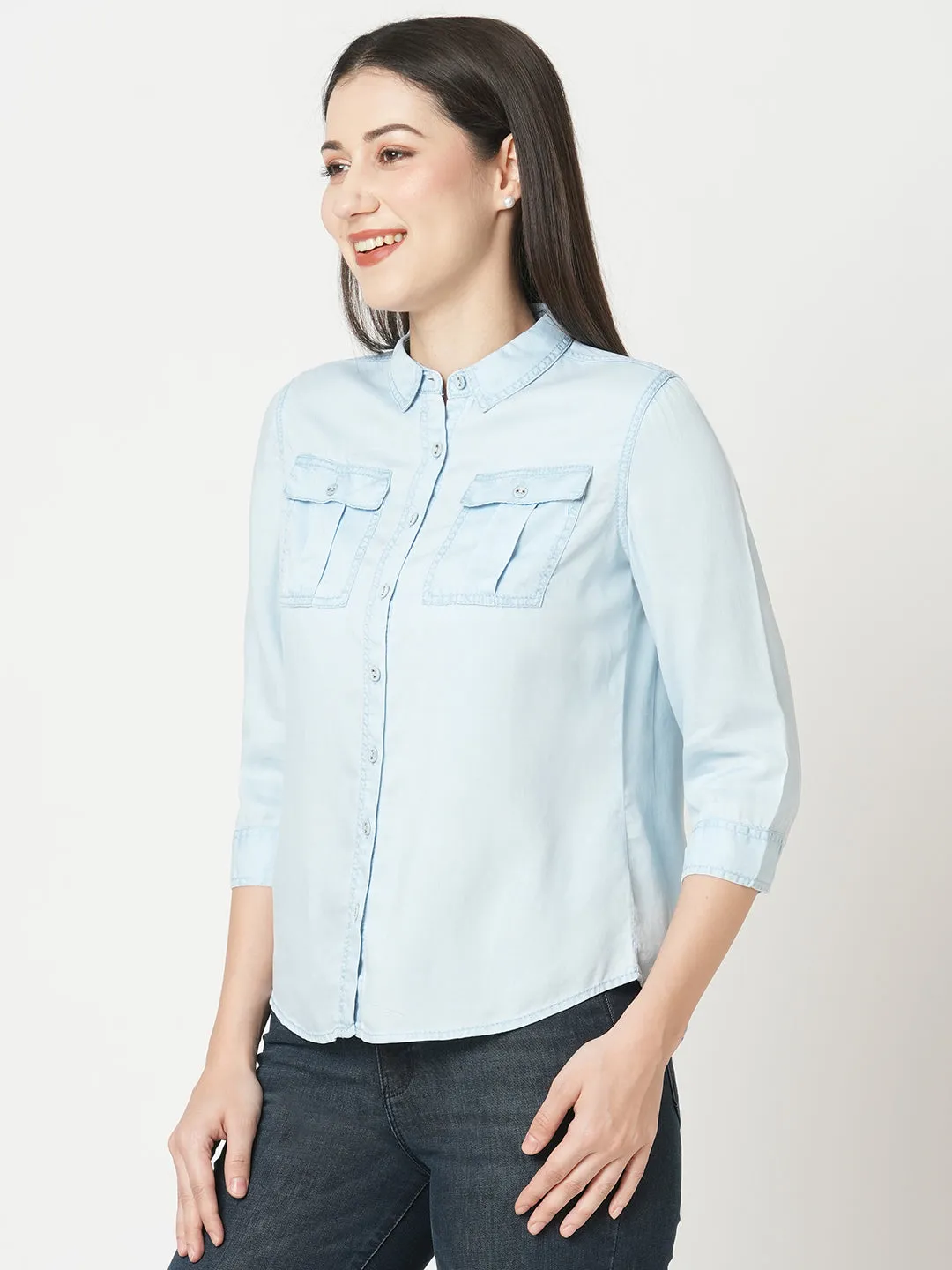 Women Slim Fit Light Blue Solid Denim Shirt