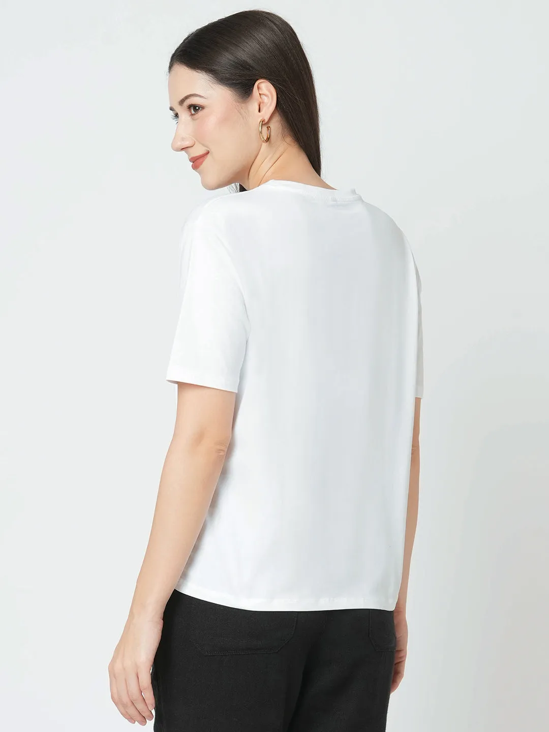 Women Slim Fit White Boxy Chest Print T-Shirt