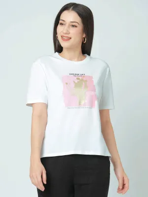 Women Slim Fit White Boxy Chest Print T-Shirt