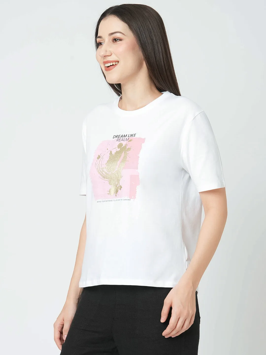 Women Slim Fit White Boxy Chest Print T-Shirt