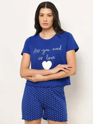 Wunderlove Indigo Text Pattern Cotton Shorts Set In A Bag